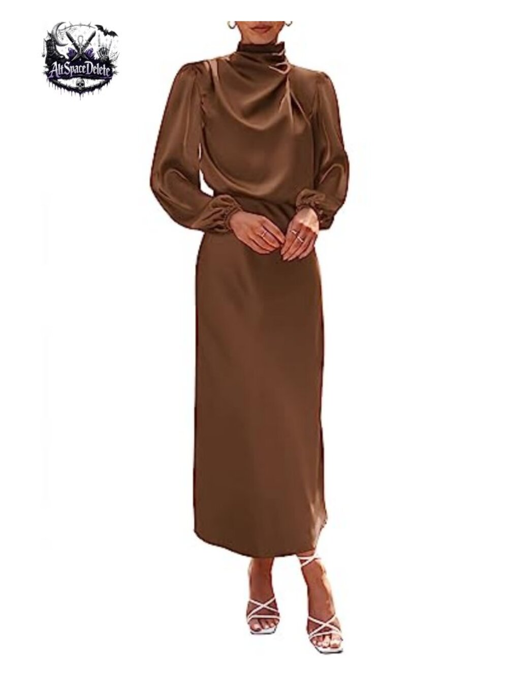 Mock Neck Satin Maxi Dress Long Sleeve High Waist Formal